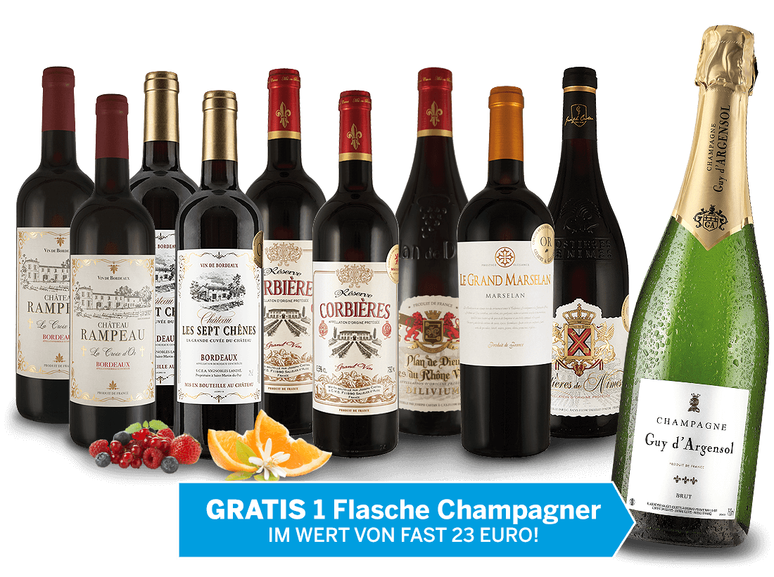 Vorteilspaket - Edle franzsische Rotweine + Gratis Champagner10,37? pro l